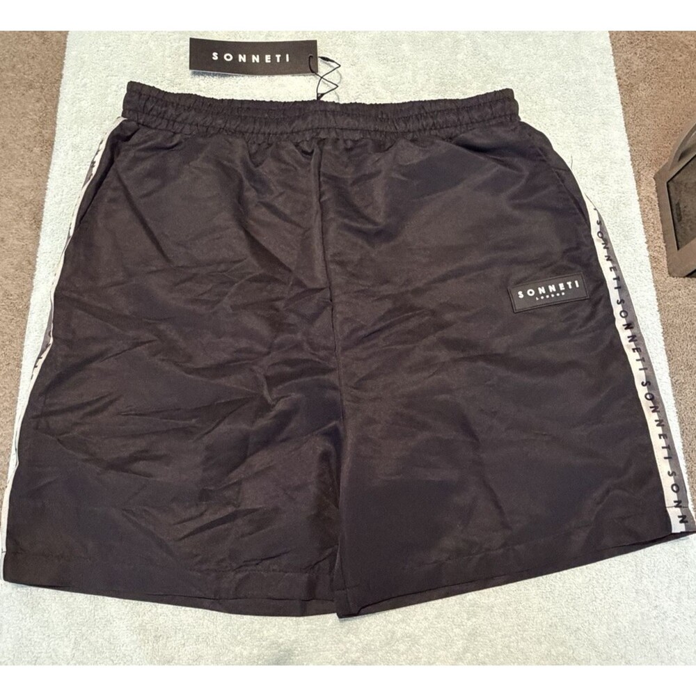 Sonneti London Mens Medium Black Krypt Swim Shorts Logo Tape Mesh Lined NWT